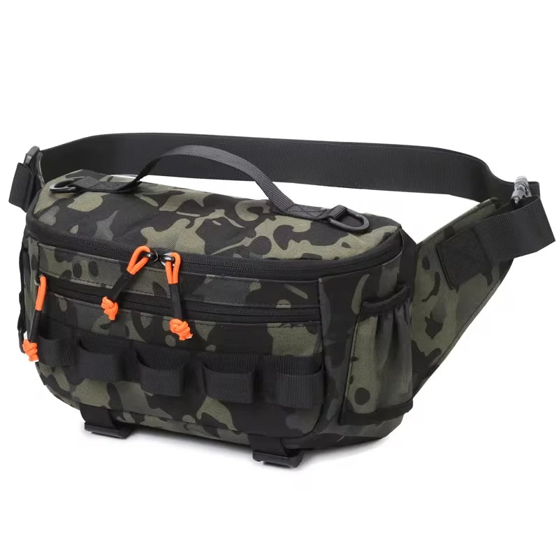 Black camo tactical fanny pack with waist and chest straps, suitable for outdoor activities, by Corporación Turística.