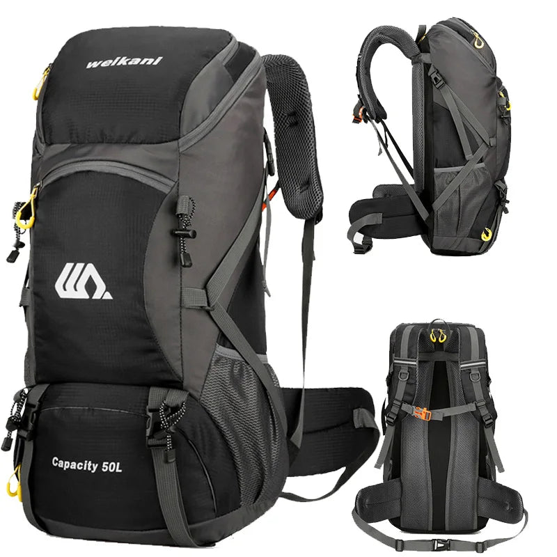Black 50L camping travel backpack from Corporación Turística with multiple compartments and adjustable straps.