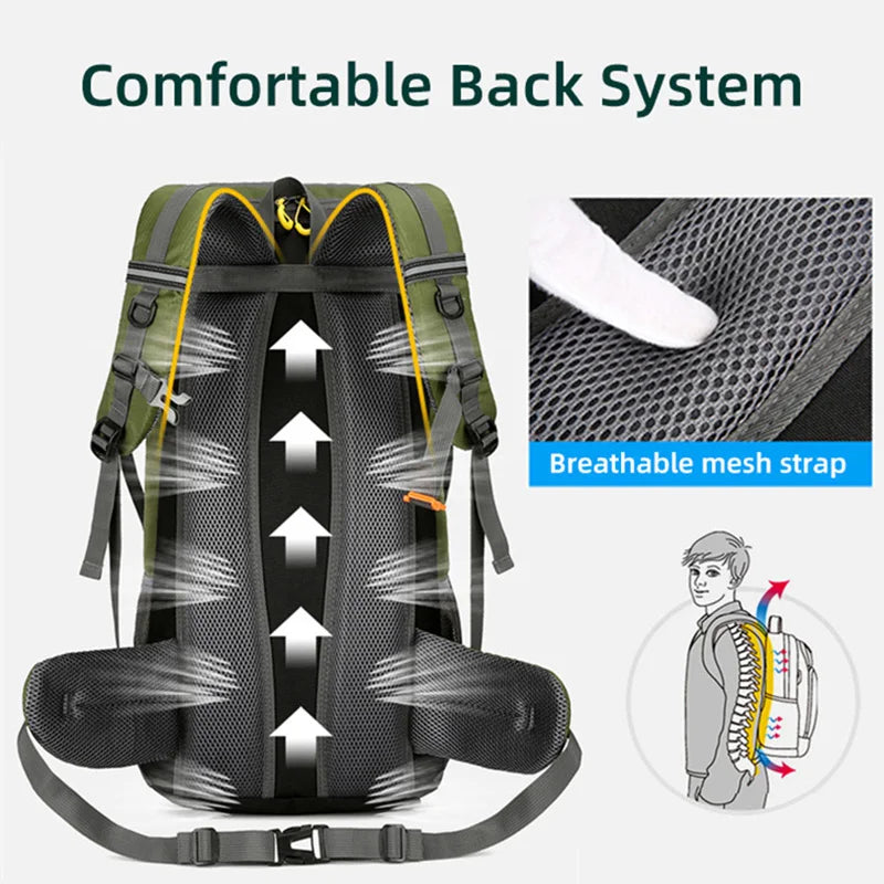 Black 50L camping travel backpack by Corporación Turística with multiple compartments and adjustable straps for outdoor adventures.