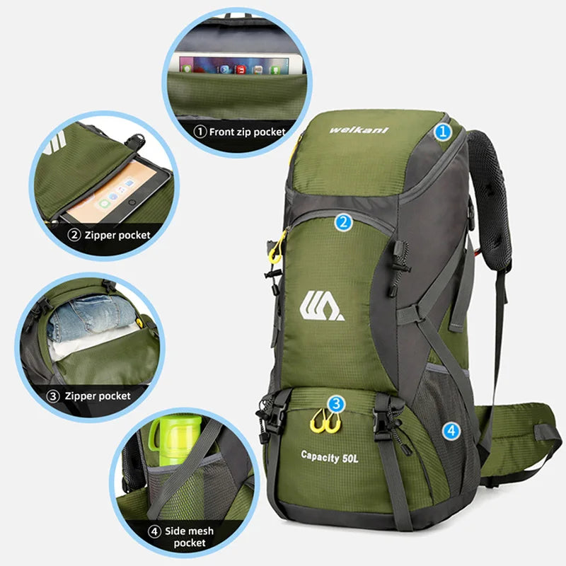 Black 50L camping travel backpack by Corporación Turística with large main compartment and adjustable straps for outdoor adventures.