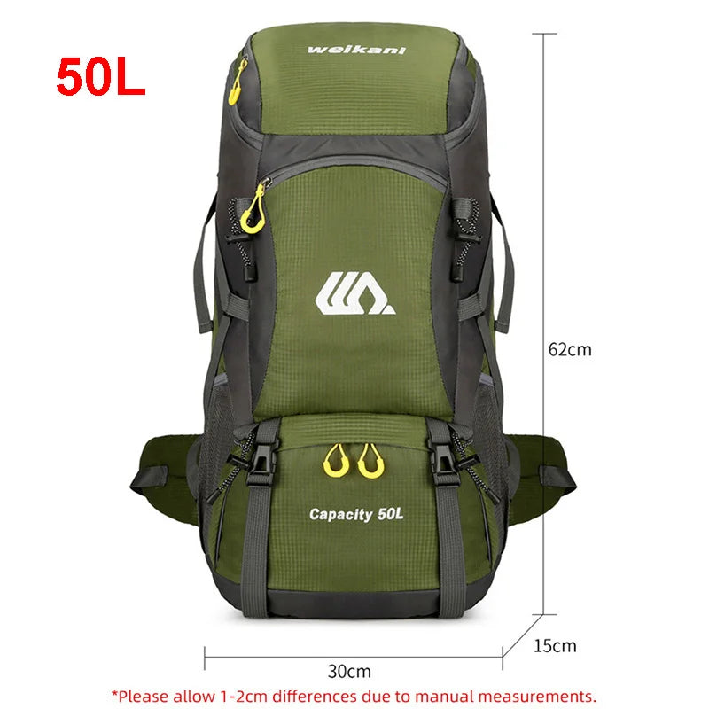 Black 50L camping travel backpack by Corporación Turística with adjustable straps and spacious main compartment.
