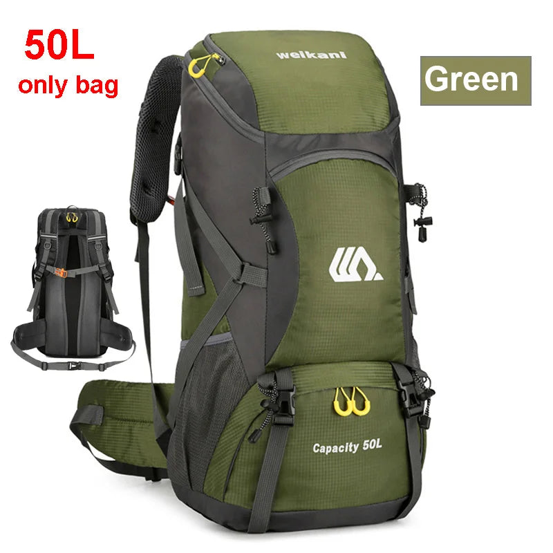 Black 50L camping travel backpack from Corporación Turística with multiple compartments and adjustable straps for outdoor adventures.