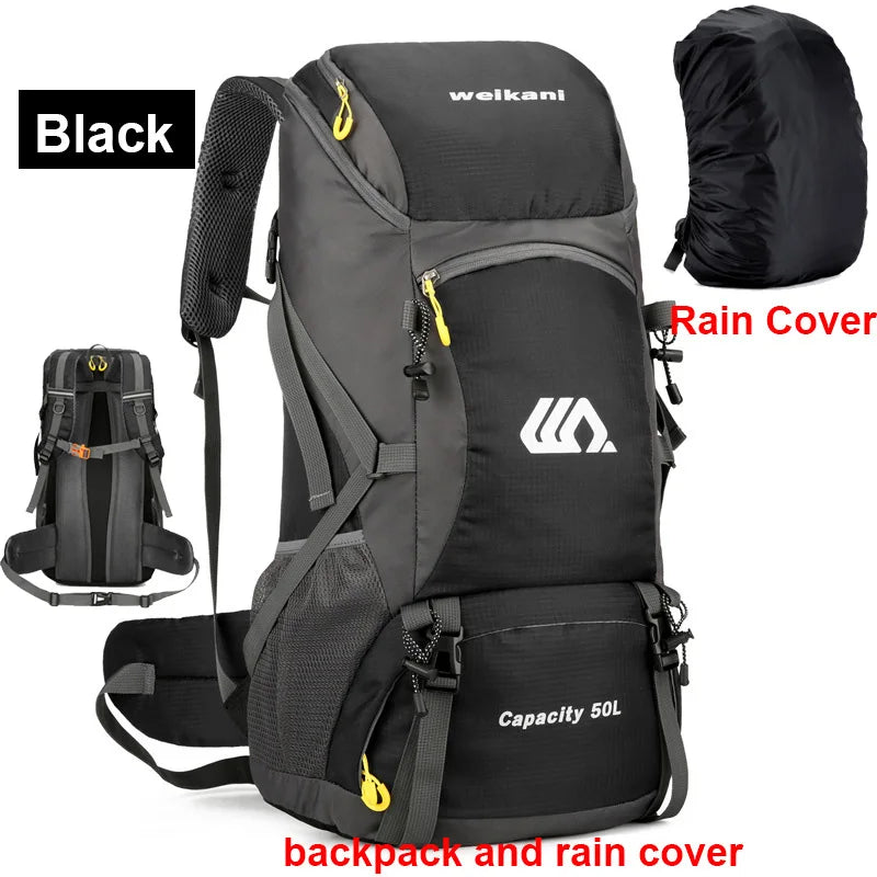Black 50L camping travel backpack by Corporación Turística, large outdoor hiking bag with multiple compartments.
