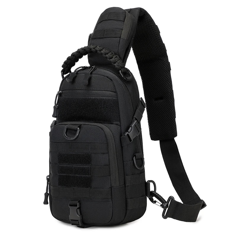 Black tactical chest bag for camping, men's hiking backpack by Corporación Turística, with multiple compartments and adjustable straps.