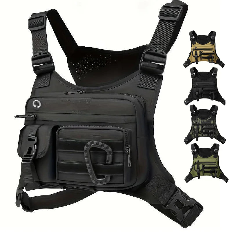 Black outdoor sports chest bag from Corporación Turística, lightweight chest pack with multiple compartments for outdoor activities.
