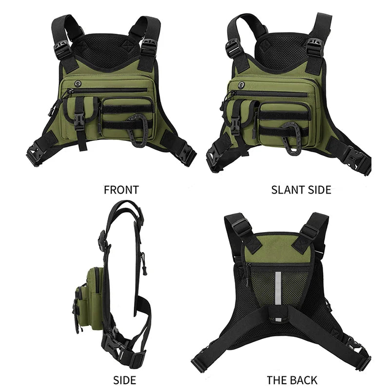 Black outdoor sports chest bag and vest by Corporación Turística, designed for outdoor activities and carrying essentials.