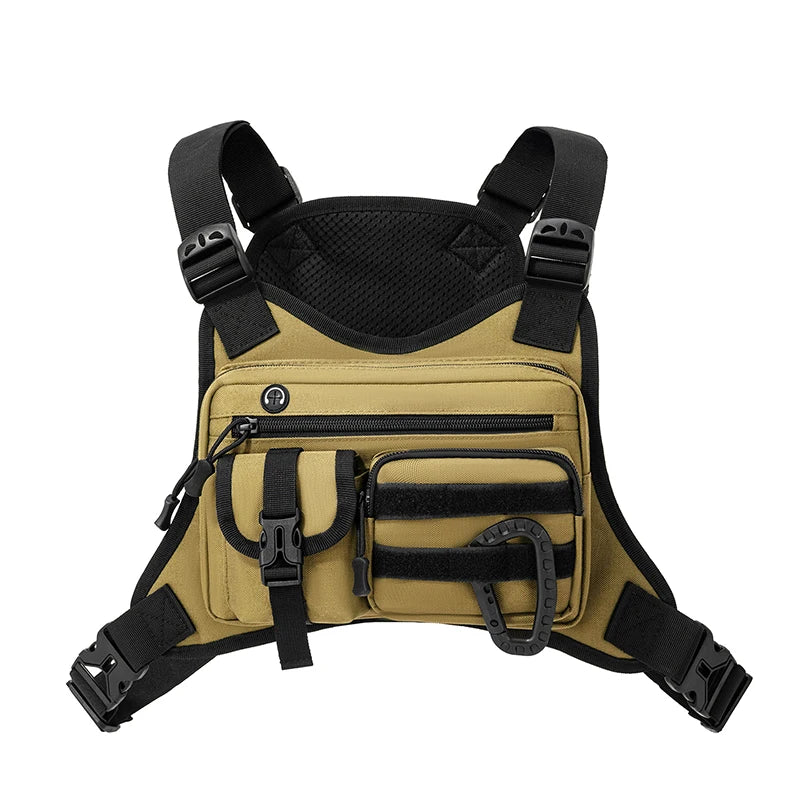 Black outdoor sports chest bag with adjustable straps and multiple compartments, designed for active outdoor adventures.