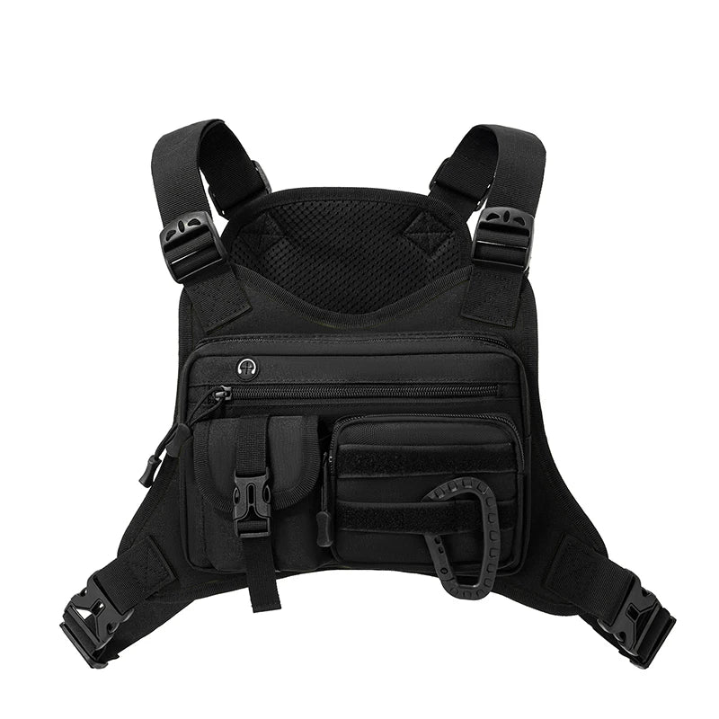 Black outdoor sports chest bag and vest by Corporación Turística, designed for outdoor activities and travel.