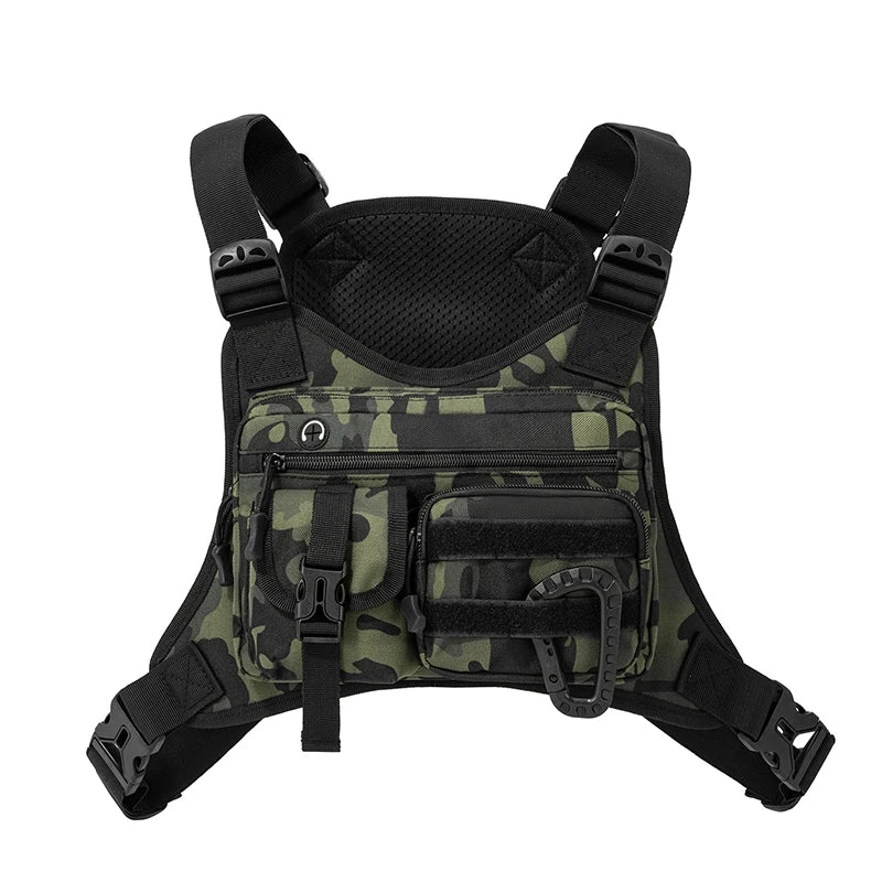 Black outdoor sport chest bag by Corporación Turística with multiple compartments and adjustable straps for outdoor activities.