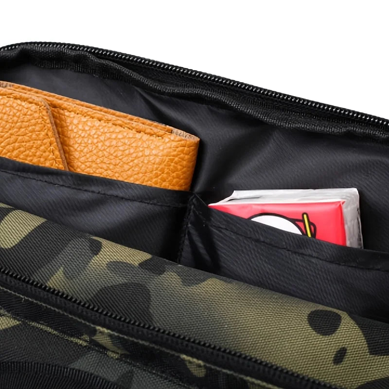 Black tactical vest with chest bag and camping backpack from Corporación Turística, designed for outdoor adventure and camping.