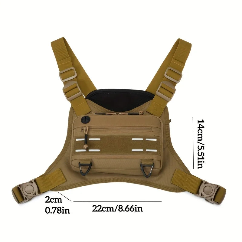 Black tactical vest with chest bag and camping backpack by Corporación Turística, featuring multiple pockets and adjustable straps.