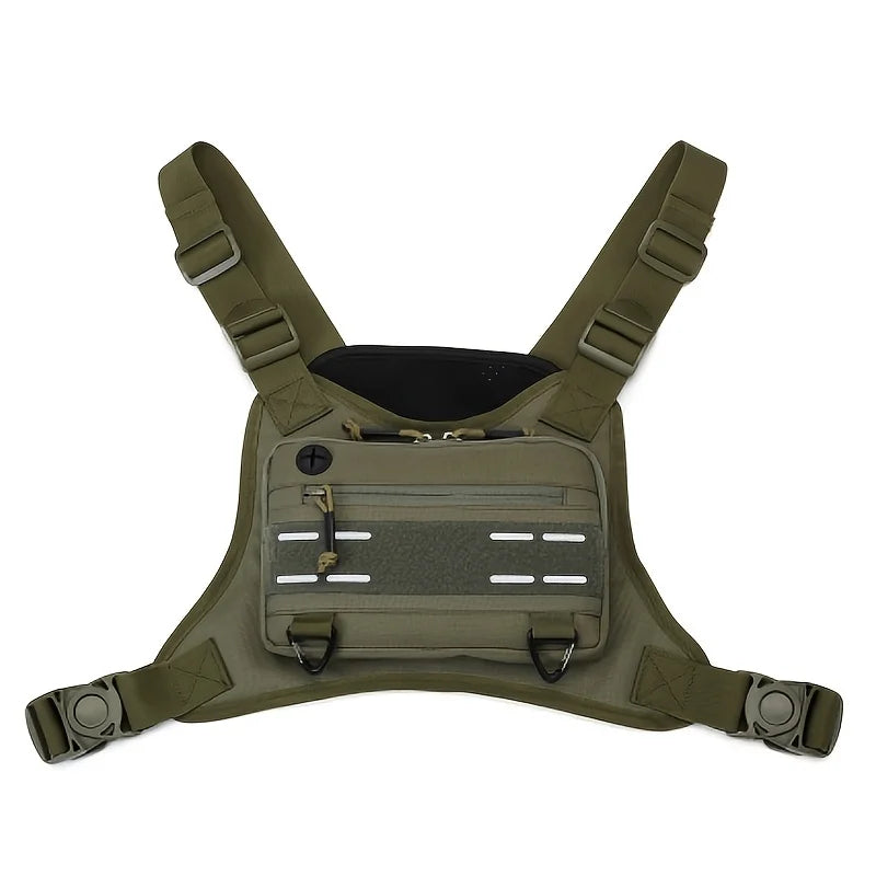 Black tactical vest with chest bag and camping backpack from Corporación Turística, featuring multiple compartments and adjustable straps.
