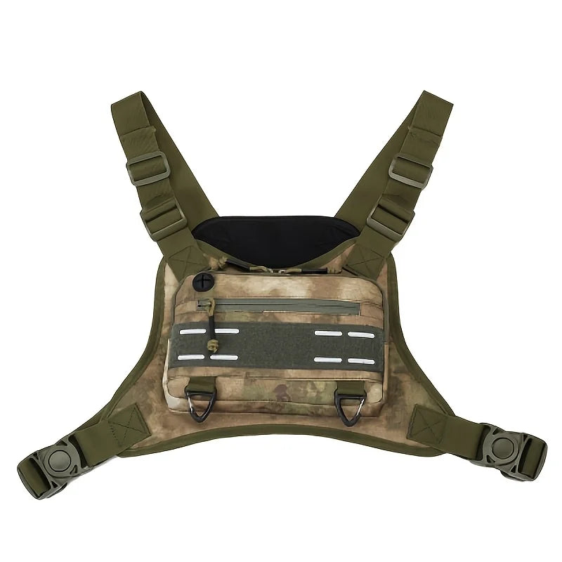 Black tactical vest with chest pouch and camping backpack from Corporación Turística, designed for outdoor adventures and gear storage.