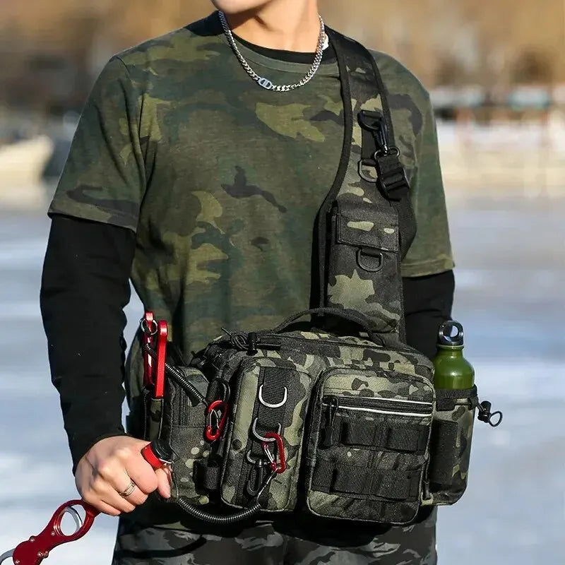 Black fishing tackle backpack for men by Corporación Turística, showing multiple compartments and durable design for outdoor fishing.