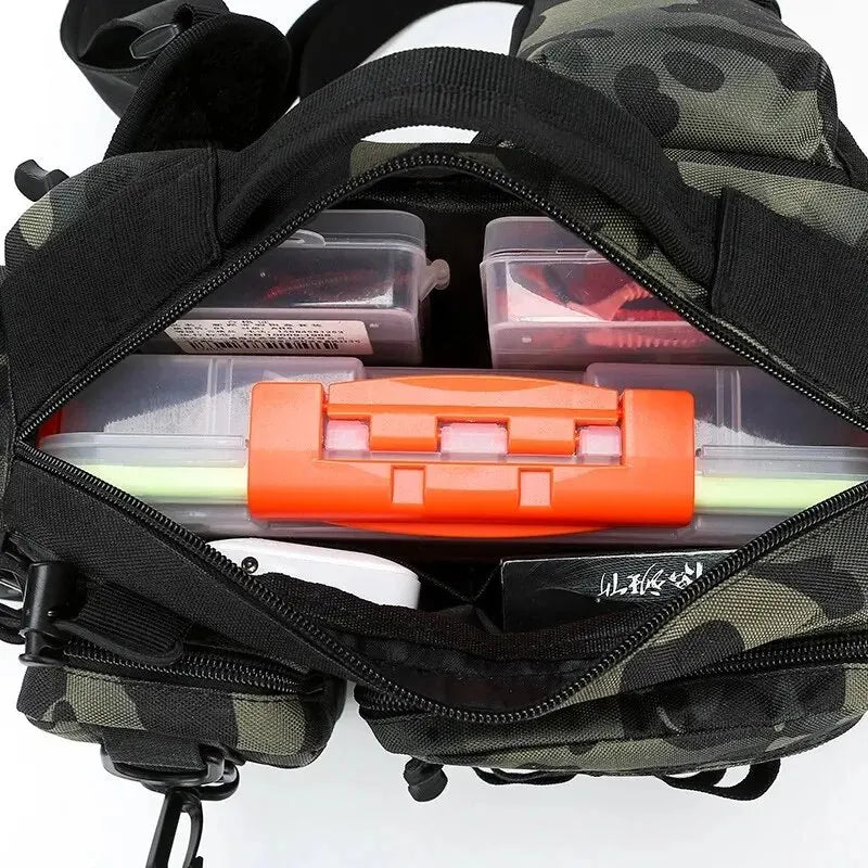 Black fishing tackle backpack for men by Corporación Turística, with multiple compartments for fishing gear storage.