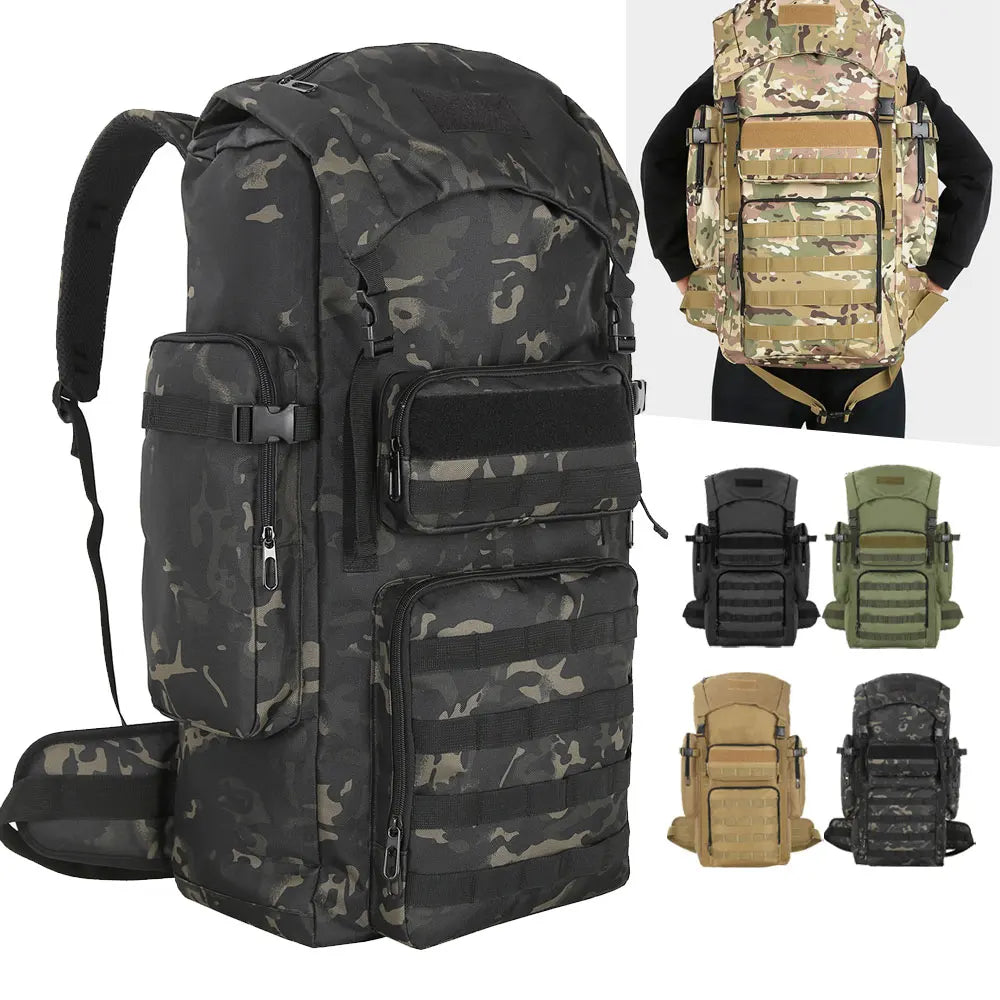 Black tactical backpack for climbing, camping, hiking, and cycling by Corporación Turística, with multiple compartments and adjustable straps.