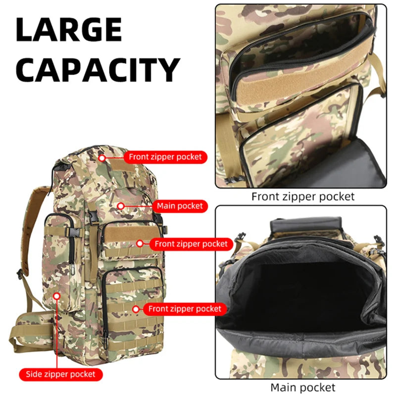 Black tactical backpack by Corporación Turística, ideal for climbing, camping, hiking, and cycling activities.