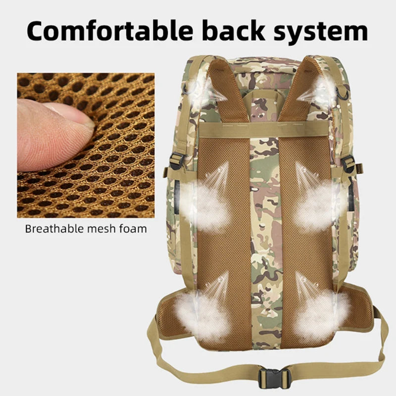 Black tactical backpack by Corporación Turística for climbing, camping, hiking, and cycling with multiple compartments and adjustable straps.
