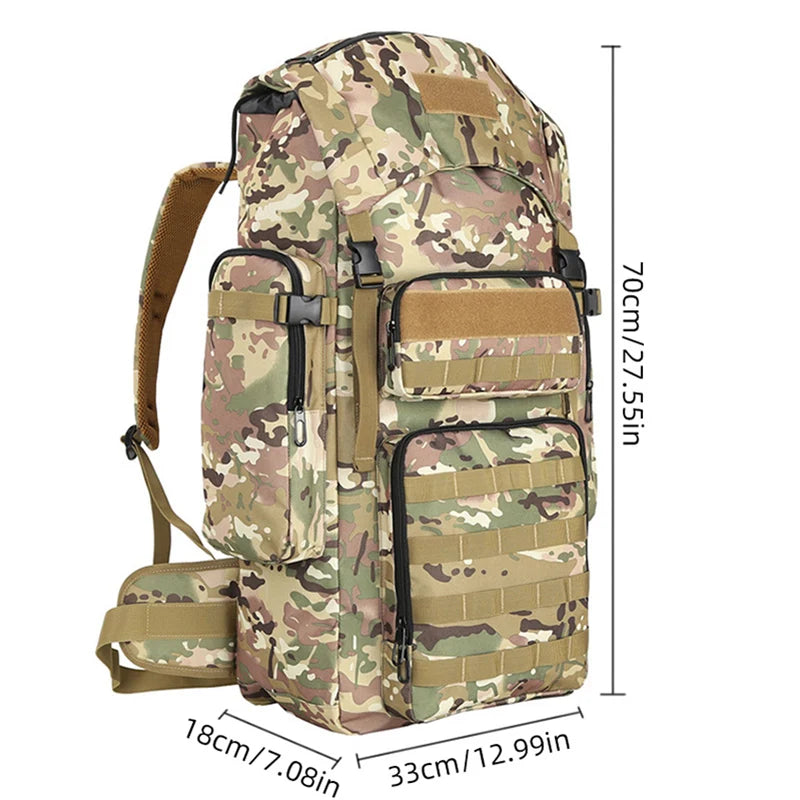 Black tactical backpack for climbing, camping, hiking, and cycling by Corporación Turística, featuring multiple compartments and durable straps.