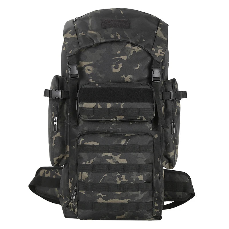 Black tactical backpack by Corporación Turística, ideal for climbing, camping, hiking, and cycling outdoor adventures.