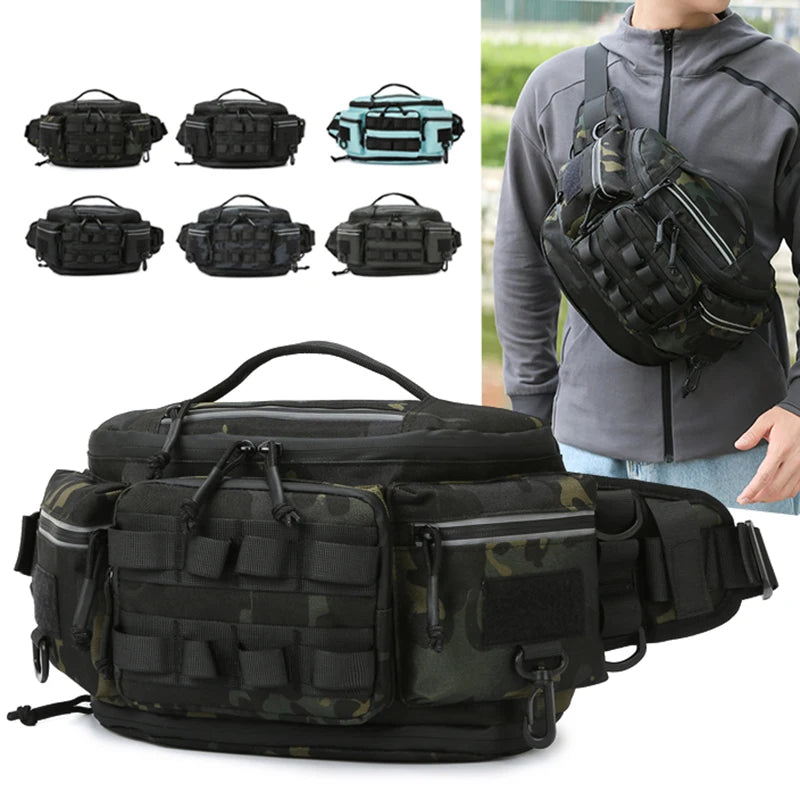 Black tactical fishing waist bag with bait compartments, designed for travel and outdoor fishing by Corporación Turística.