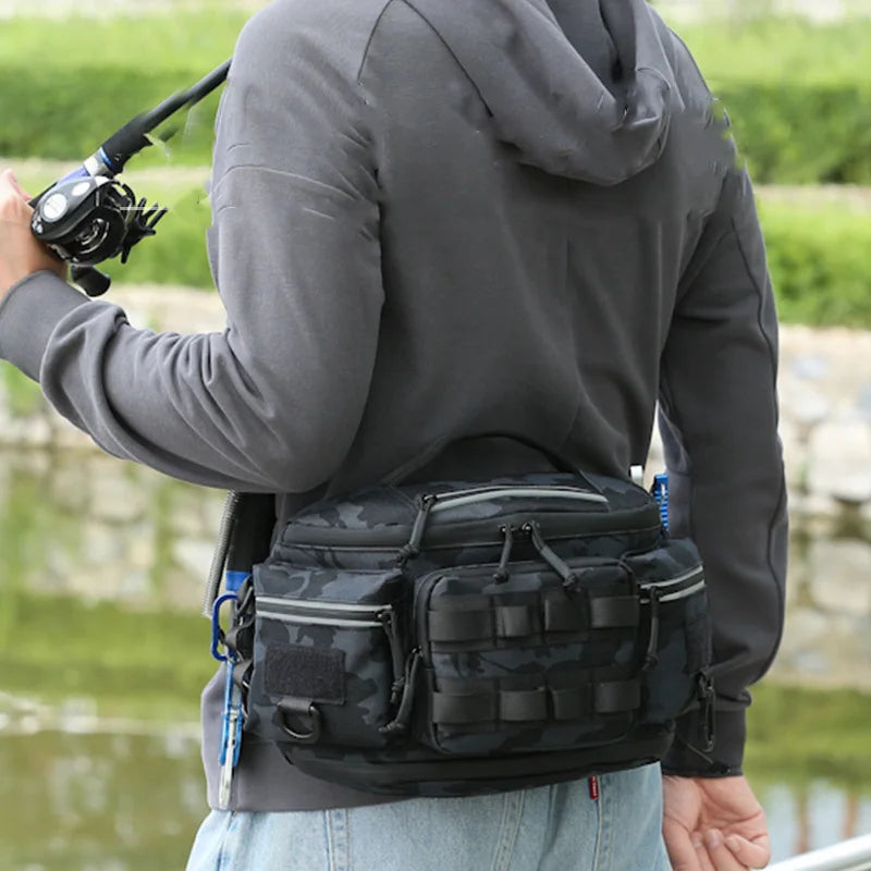 Black tactical fishing waist bag with lure storage, ideal for travel and outdoor activities, by Corporación Turística.