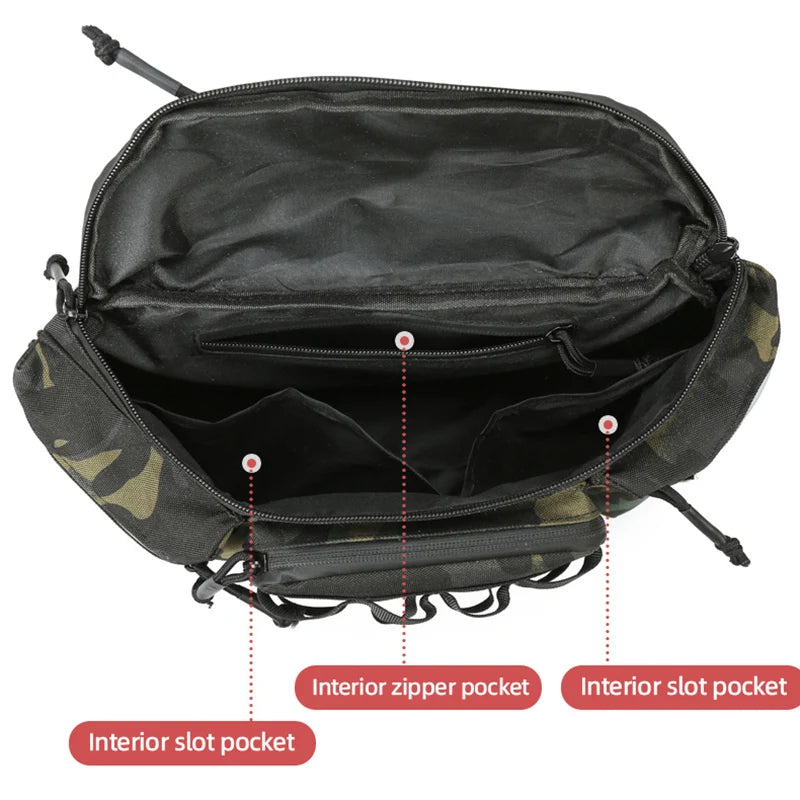 Black tactical fishing waist bag with multiple compartments, ideal for travel and carrying fishing lures, by Corporación Turística.
