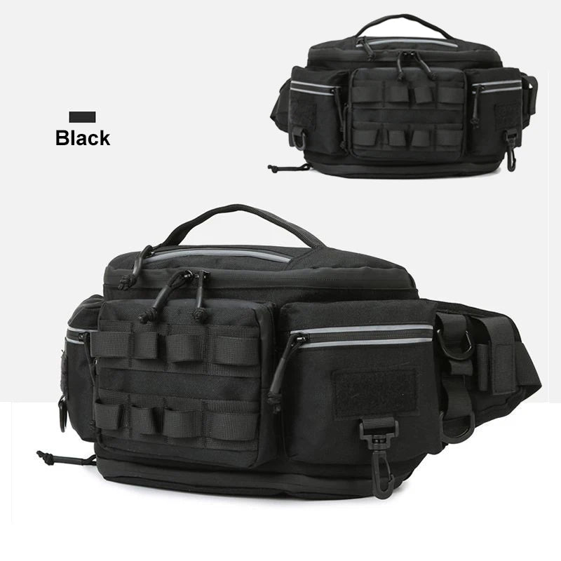 Black tactical fishing waist bag with lure compartments, designed for travel and outdoor fishing by Corporación Turística.