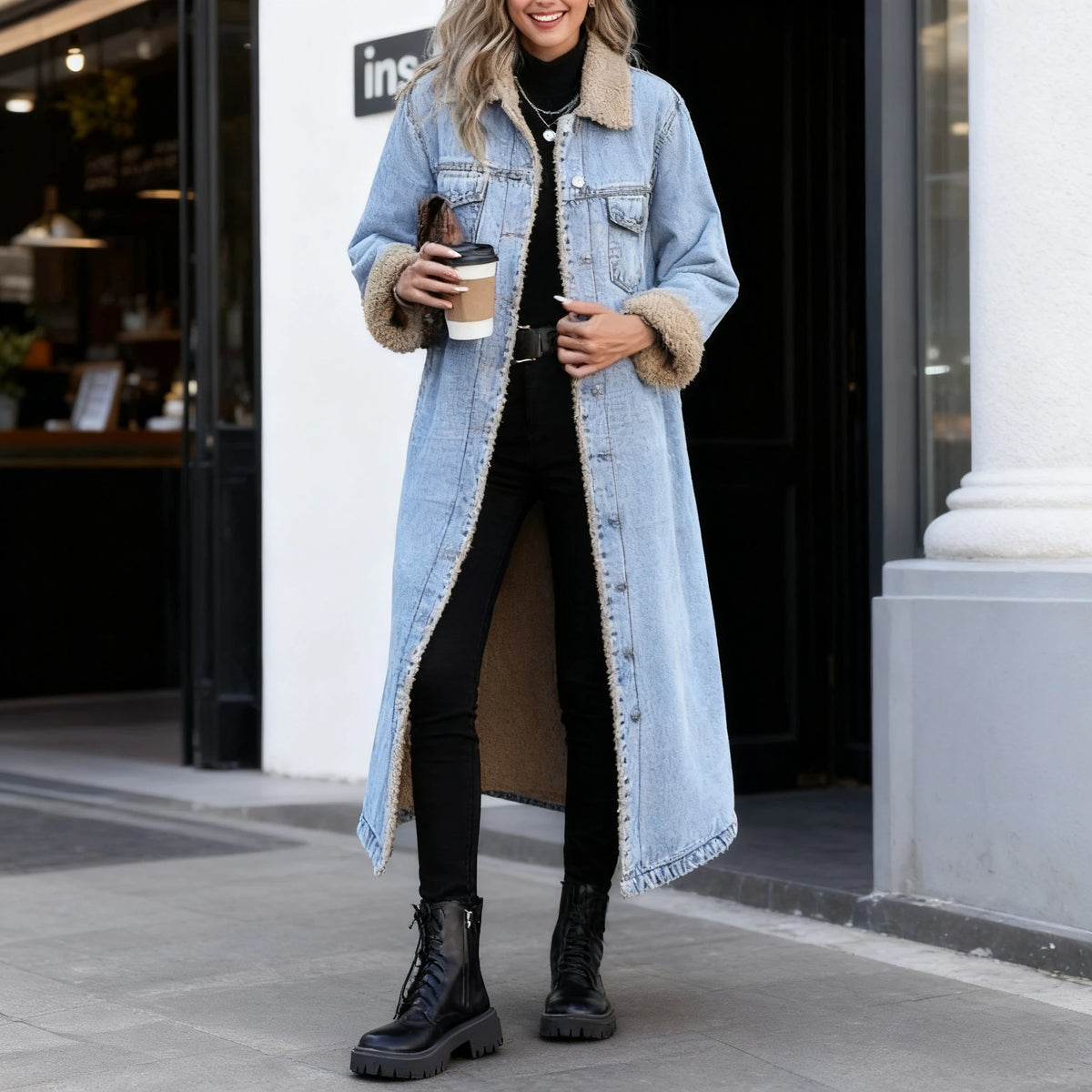 Black and gray medium-length synthetic leather coat for women by Corporación Turística, shown on a model.