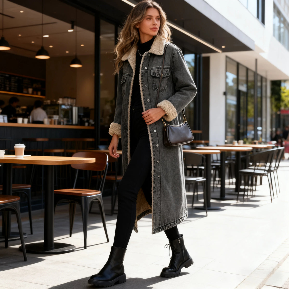 Black and gray medium-length synthetic leather coat for women by Corporación Turística, featuring a stylish, warm design.