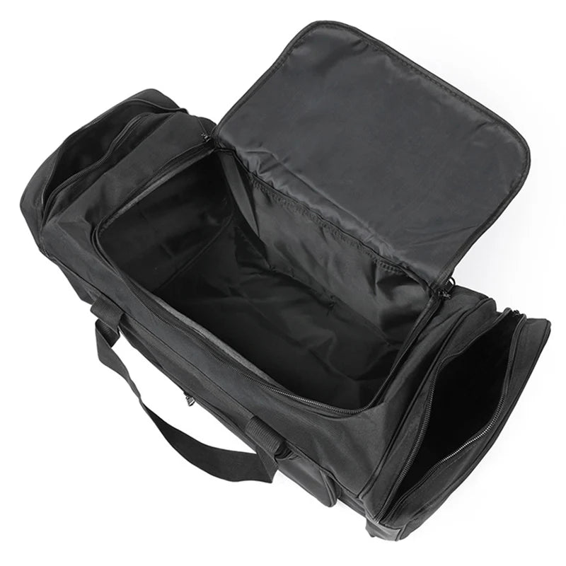 Large travel duffel bag for men and women by Corporación Turística, sporty black design with spacious main compartment.