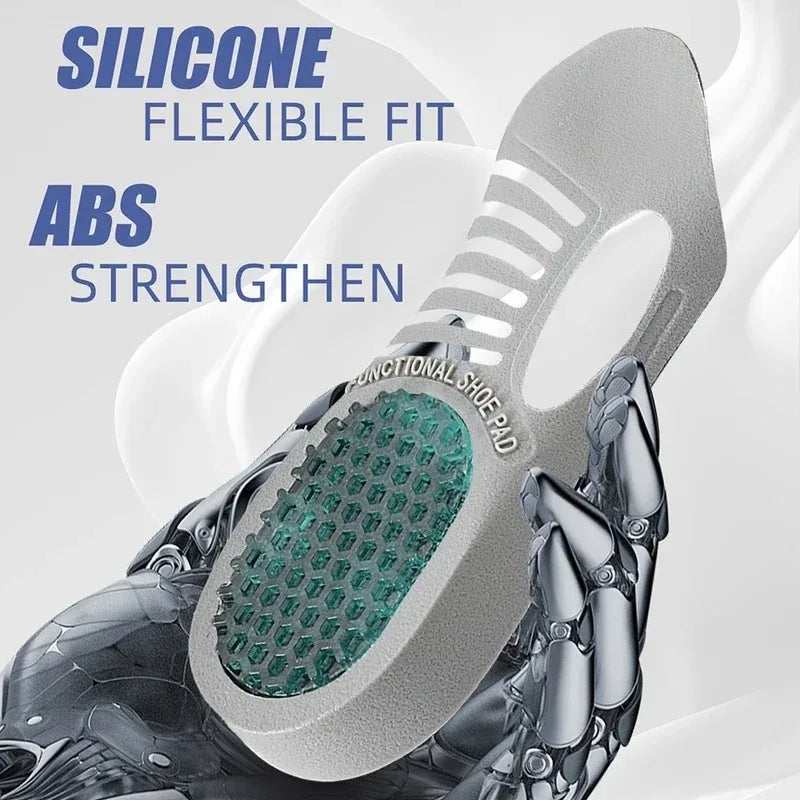 Unisex orthopedic arch support insoles by Corporación Turística designed for plantar fasciitis, shown in black for EU sizes 41-46.