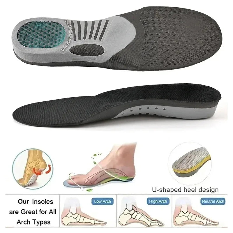 Unisex arch support insoles by Corporación Turística, orthopedic design for plantar fasciitis, in black, EU sizes 41-46.
