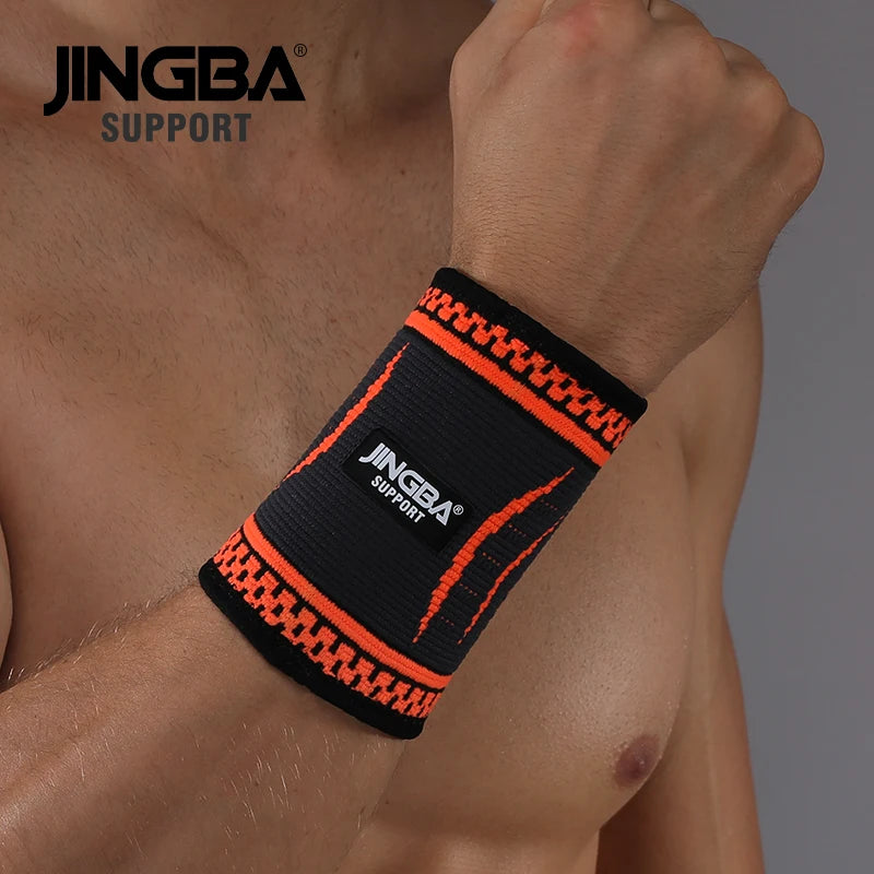 Black nylon support bracelet by JINGBA SUPPORT, designed for wrist stabilization and bandage support.
