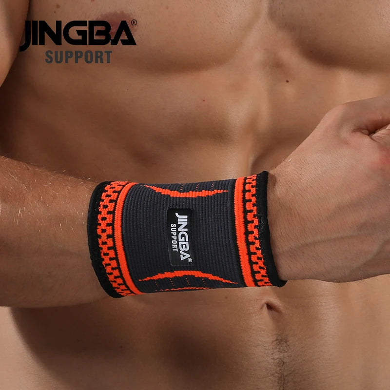 Black nylon support bracelet from JINGBA SUPPORT, designed for wrist stabilization and bandage support.