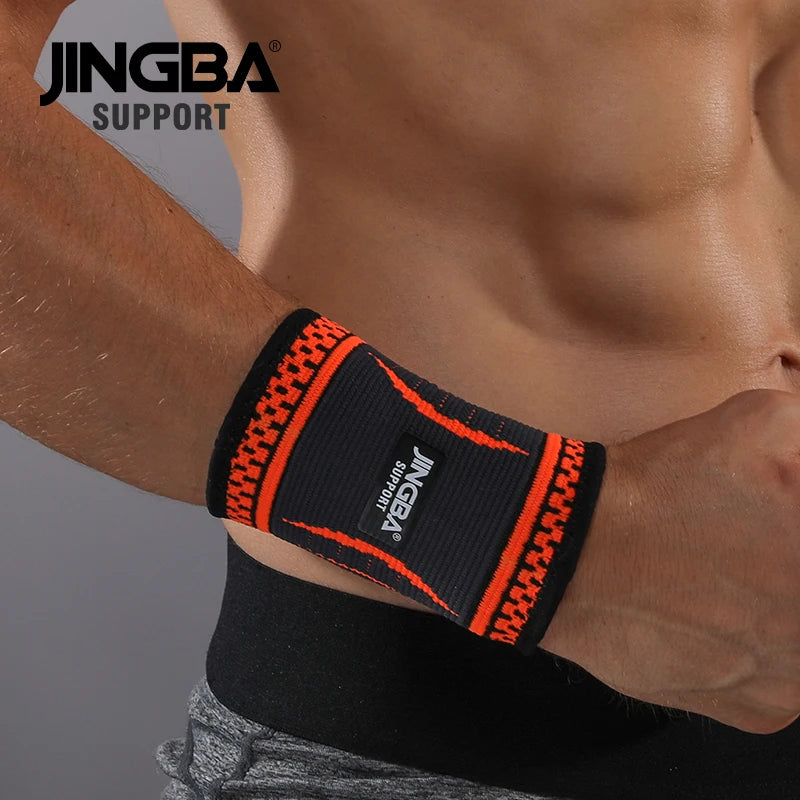 Black nylon support bracelet by JINGBA SUPPORT, designed for wrist support and bandage holding, shown on a plain background.