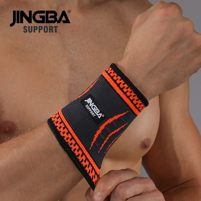 Black nylon support bracelet by Jingba Support, designed for securing bandages or medical support, shown on a white background.