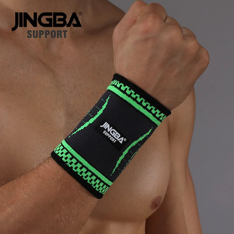 Black JINGBA SUPPORT nylon wristband support for bandaging, designed for secure and comfortable injury stabilization.