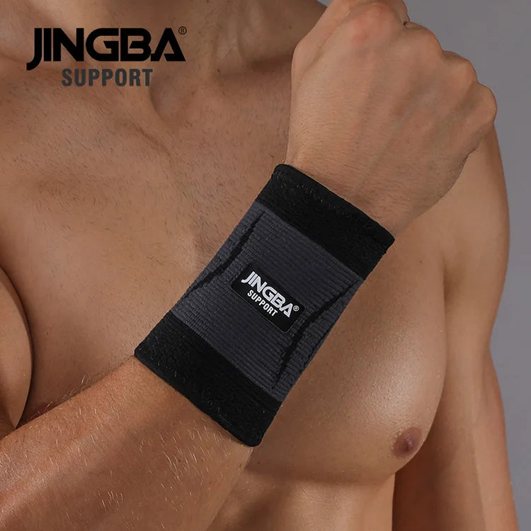 Black nylon wrist support bracelet from Jingba Support, designed for wrist stabilization and injury support.
