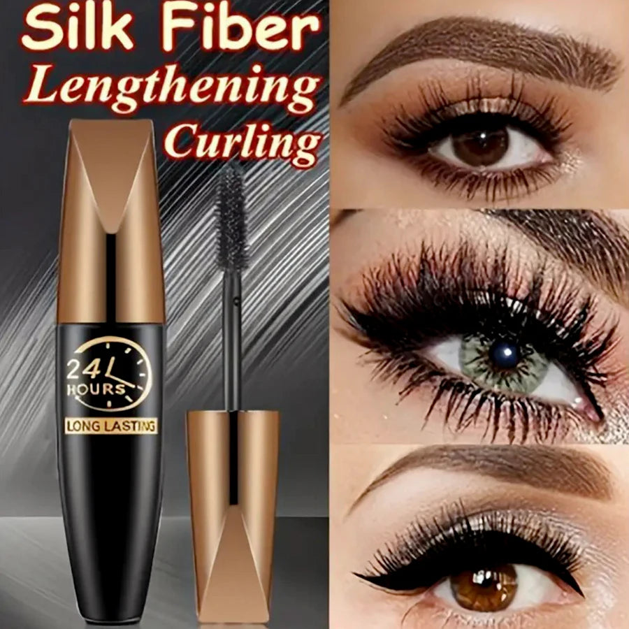 Black 5D waterproof eye mascara by Corporación Turística, showing mascara wand and finished eye makeup look.