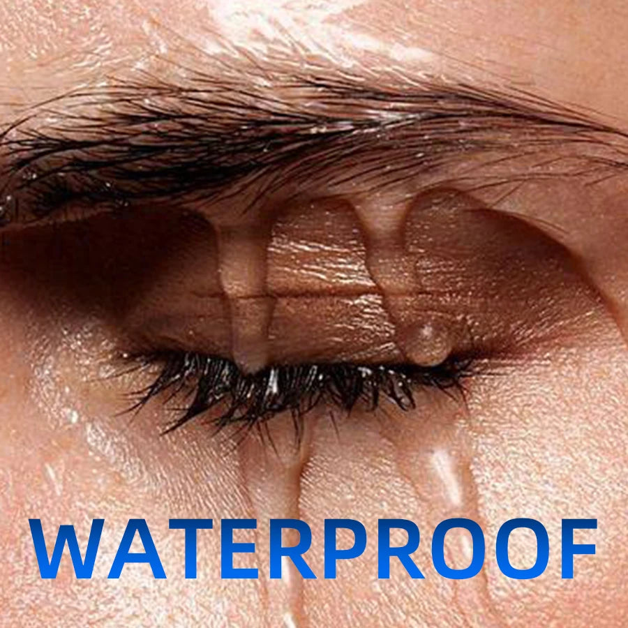 Black 5D waterproof eye mascara by Corporación Turística, showing long, voluminous lashes on a model's eye.