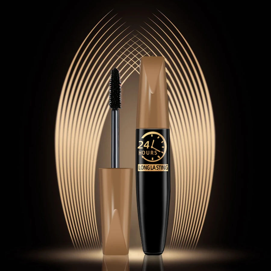 Black 5D waterproof eye mascara by Corporación Turística, designed to lengthen and enhance eyelashes, visible on the brush and wand.