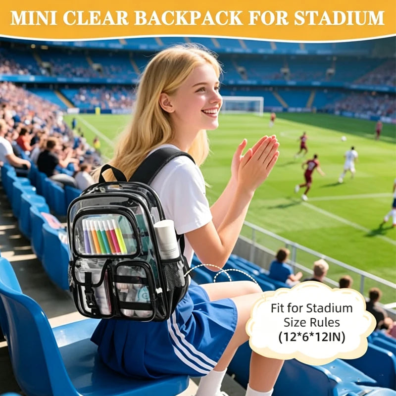 Black transparent mini mochila de Corporación Turística diseñada para natación, gimnasio y playa, con compartimentos visibles.