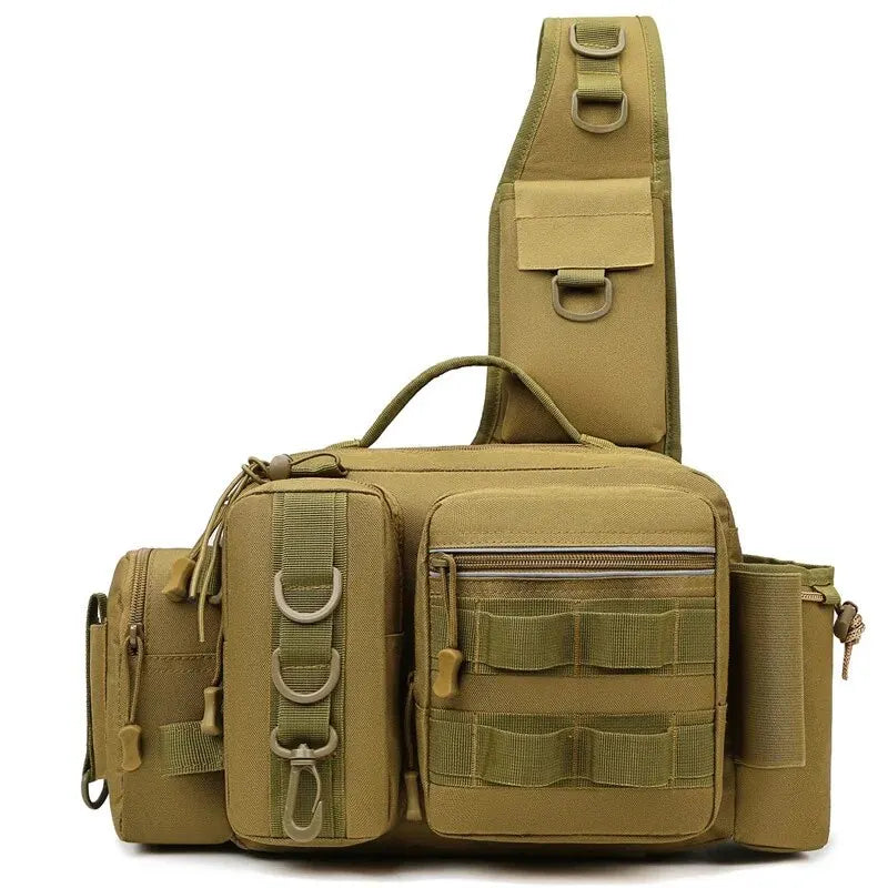 Black fishing tackle backpack with compartments for fishing gear, lure box, and accessories by Corporación Turística.