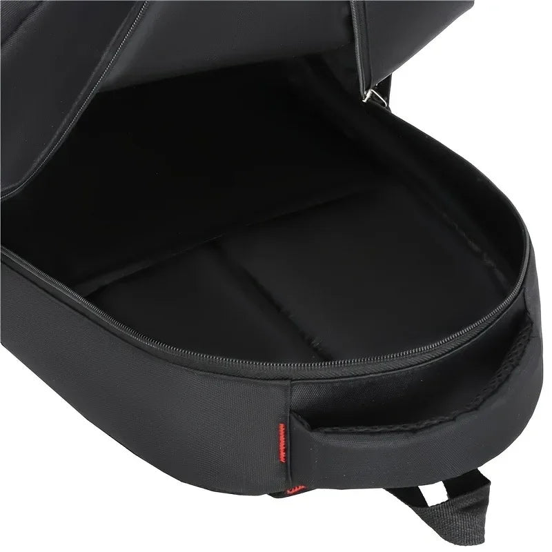 Black men's casual backpack by Corporación Turística, waterproof single-piece backpack with adjustable straps and multiple compartments.