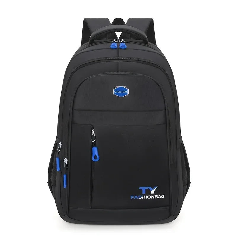 Black men's backpack by Corporación Turística, casual and waterproof, with a single spacious compartment and adjustable straps.