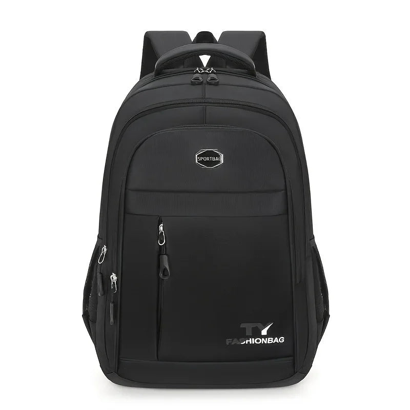 Black men's backpack by Corporación Turística, casual and waterproof, featuring adjustable straps and a spacious main compartment.