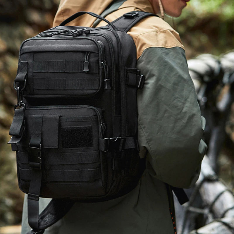 Black tactical camping backpack by Corporación Turística, large assault-style bag with multiple compartments for outdoor adventures.