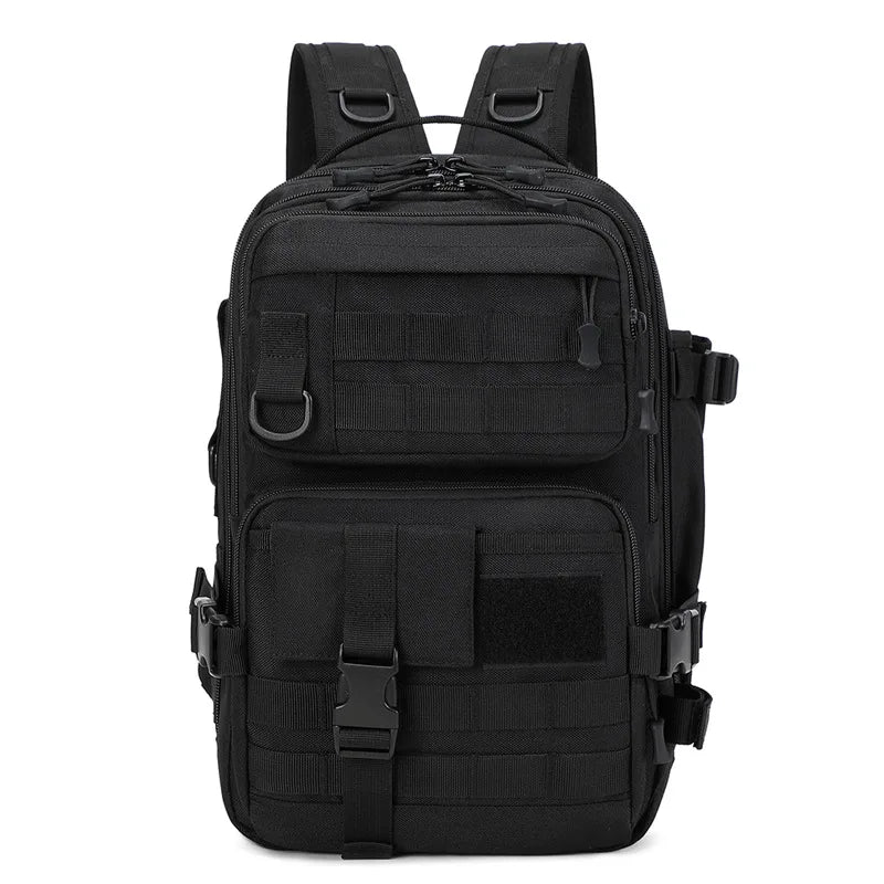 Black tactical camping backpack by Corporación Turística, large assault-style pack with multiple compartments for outdoor adventures