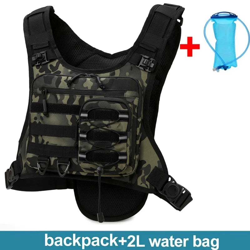 Black hydration running and cycling vest by Corporación Turística with multiple pockets and adjustable straps.